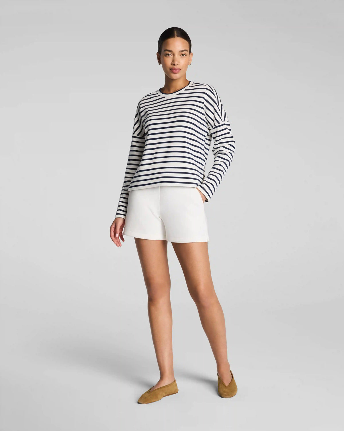 SPANX AirEssentials® Crewneck Long Sleeve Top | Powder/Timeless Navy Stripe