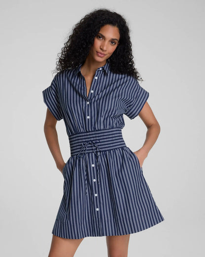 SPANX® Poplin Smocked Mini Shirt Dress | Timeless Navy/Classic White