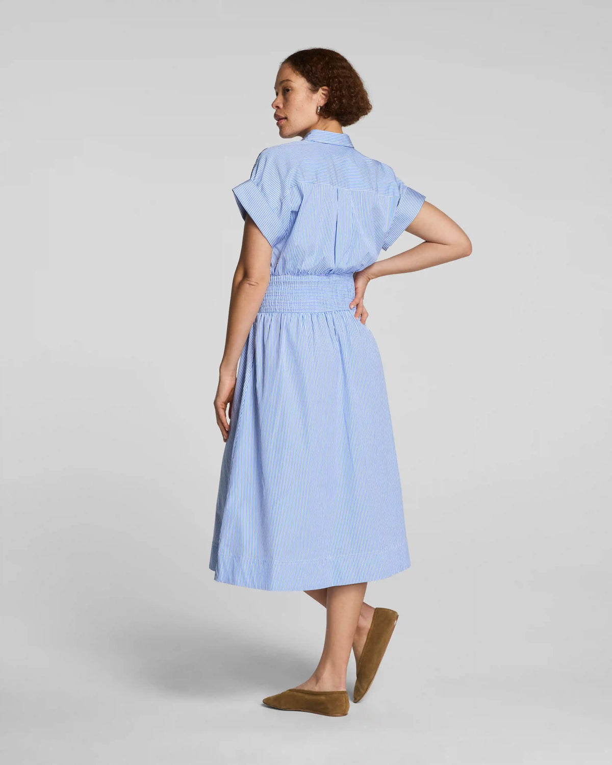 SPANX® Poplin Smocked Midi Shirt Dress | Aster/Classic White Stripe