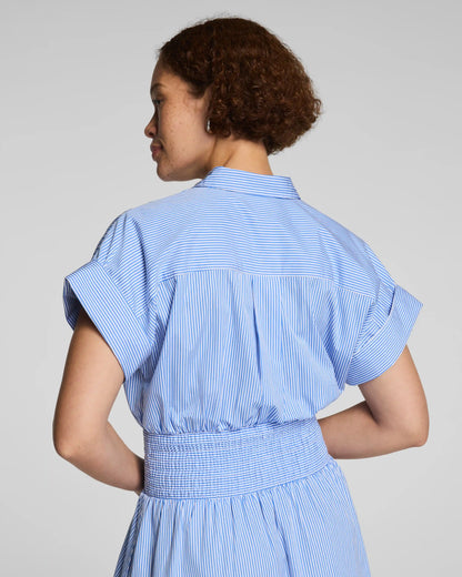 SPANX® Poplin Smocked Midi Shirt Dress | Aster/Classic White Stripe