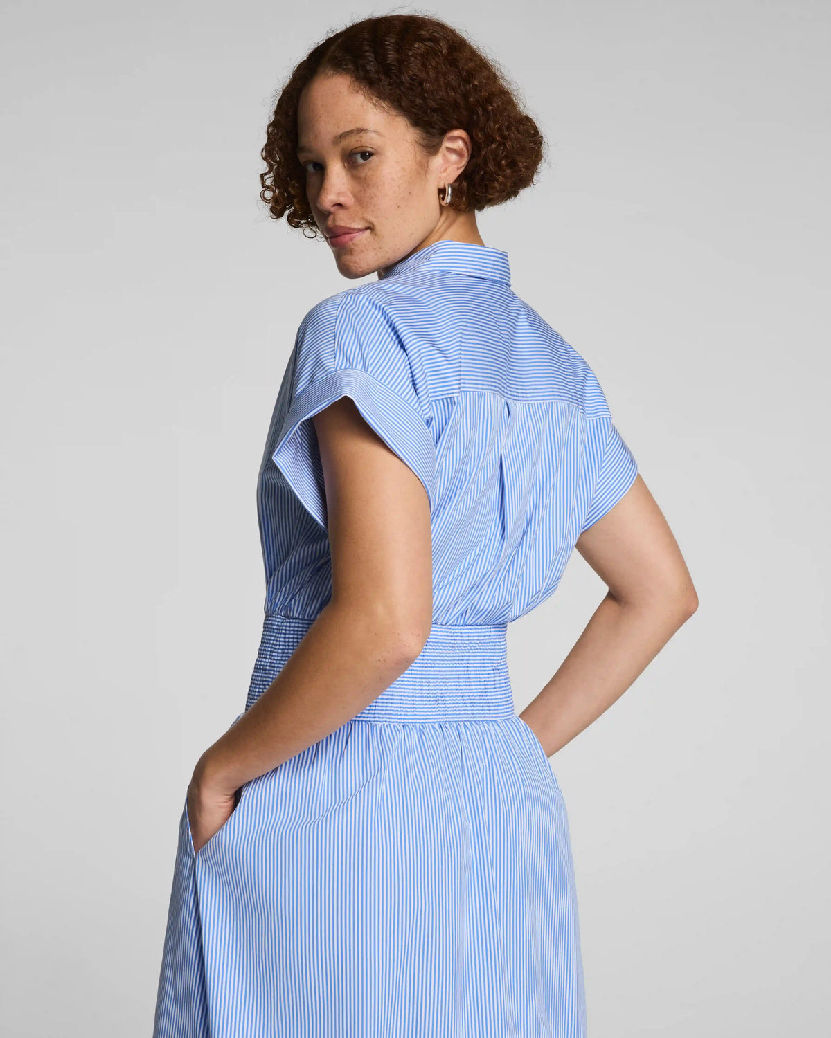 SPANX® Poplin Smocked Midi Shirt Dress | Aster/Classic White Stripe