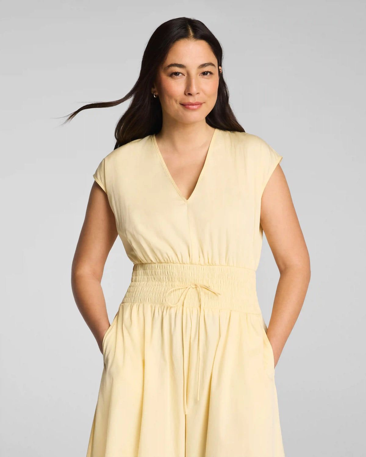 SPANX® Poplin V-Neck Smocked Midi Dress | Sunbeam