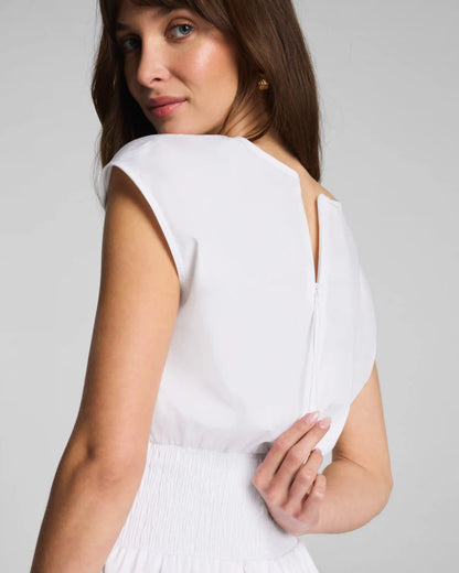 SPANX® Poplin V-Neck Smocked Midi Dress | Classic White